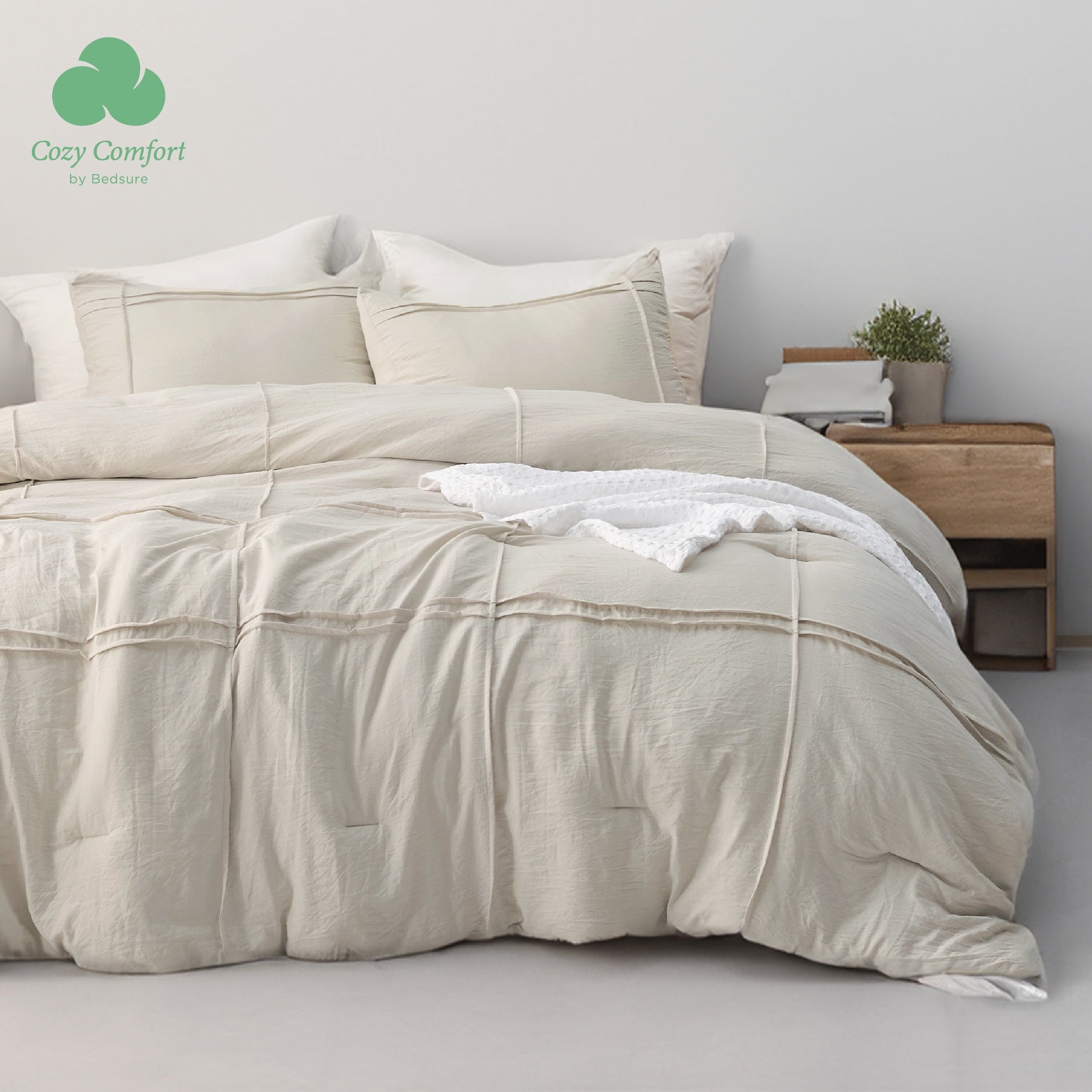 Cozy-Comfort-California-King-Comforter-Set-With-Sheet-4-Pieces-Soft-Beige-Bedding-Sets-Grid-Pinch-Pleat-All-Season-Lightweight-Fluffy-Bed-Set