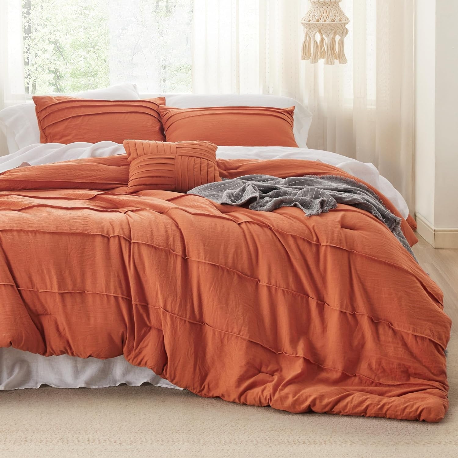 Cozy Comfort Burnt Orange Twin Comforter Set - 3 Pieces Pinch Pleat Bed Set, Down Alternative Bedding Sets for All Season, 1 Comforter, 1 Pillowcase, 1 Decorative Pillow