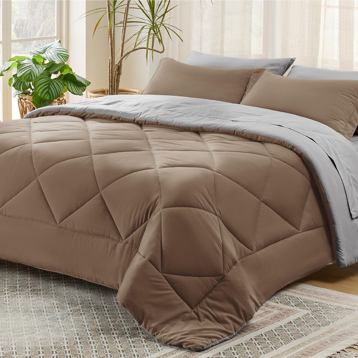 U by Bedsure Brown Queen Comforter Set  7 Pieces Reversible Queen Bed in a Bag Queen Bed Set Brown and Grey with Comforters Sheets Pillowcases Shams